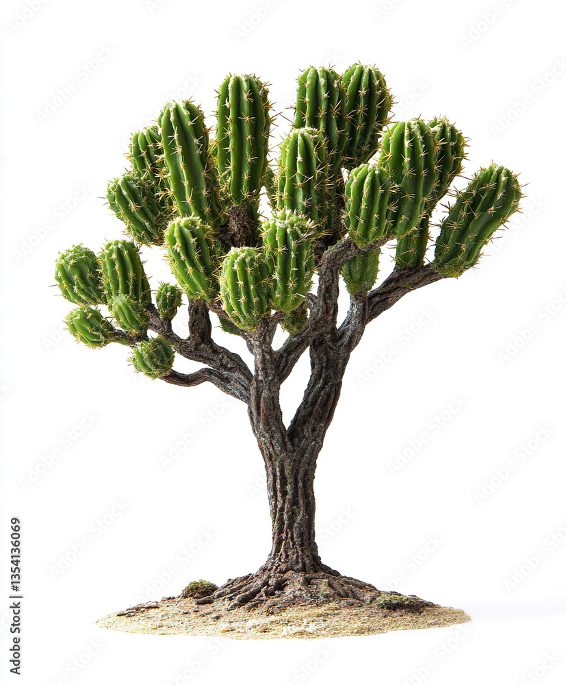 Poster tall cactus tree with multiple branches on white background