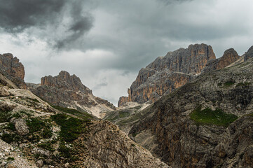 nature sceneries on the trail inside the Catinaccio mointain range, Vico di Fassa, Val di Fassa, Dolomites, Italy