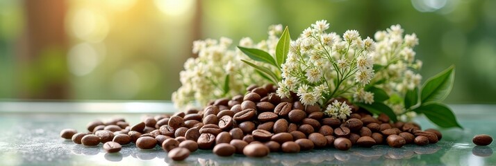 Fototapeta premium Fresh coffee beans and blossoming flowers on sunny glass surface