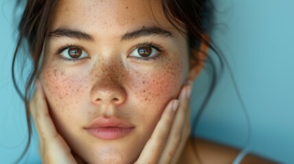 Natural Portrait of Young Woman with Freckles and Soft Expression