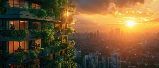 Modern building with lush greenery at sunset over urban skyline view