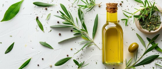 Olive Oil Bottle Surrounded by Fresh Green Herbs and Olive Leaves