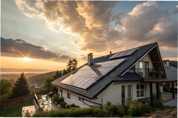 Solar Energy - Solar panels on the roof of a house bathed in soft morning light, with clouds reflected. A symbol of clean energy and environmental awareness.