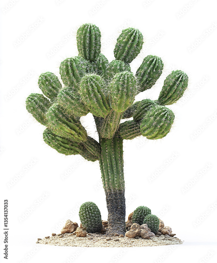 Poster cactus tree with multiple branches on white background