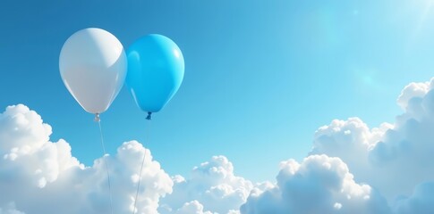 Naklejka premium Blue and white balloons drifting peacefully among fluffy clouds in the sky, nature, freedom, clouds