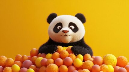 Cute Panda with Colorful Eggs on Yellow Background