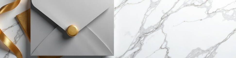 Grey kraft card with gold foil accents on elegant white marble background, minimalistic, luxury, mockup