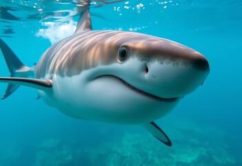 Fototapeta premium Great white shark underwater, close-up, ocean background, great white shark, sea creature