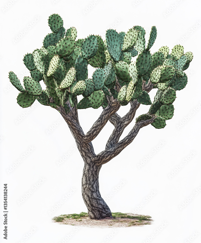 Poster cactus tree with textured trunk and green pads on white background