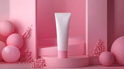 White tube of cream on a pink textured wall