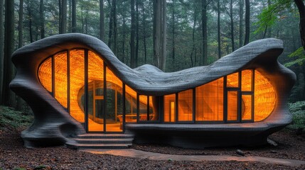 A stunning modern 3D-printed house nestled in a foggy forest, showcasing organic architecture and warm glowing interiors