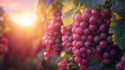 Fototapeta premium Golden sunlight illuminating ripe grapes hanging in a vineyard during the picturesque harvest season at sunset