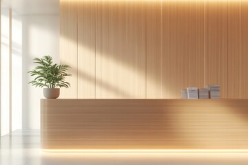 A sleek wooden reception desk with clean lines, a small potted plant, and a stack of brochures, positioned in a bright, modern lobby with soft lighting