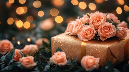 Fototapeta premium Elegant gift box adorned with peach roses, surrounded by soft bokeh lights for a romantic celebration atmosphere