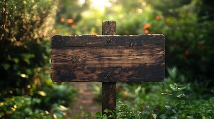 Fototapeta premium A wooden signpost stands along a trail, surrounded by lush greenery