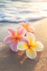 Plumeria flowers on the beach on the sand. selective focus. Generative AI,