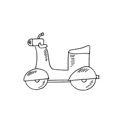 Cartoon hand-drawn doodle scooter bike vector black outline.
