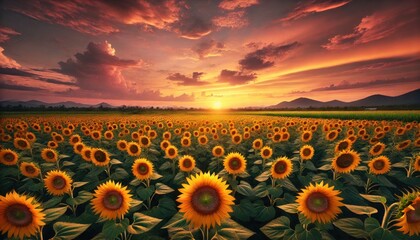 Fototapeta premium A landscape of sunflowers stretching across an agricultural field during sunset, with a soft orange and pink sky in the background. The sunflowers stand tall, creating a beautiful contrast .