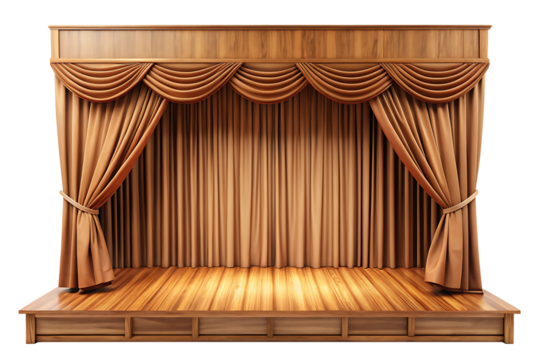 wooden stage with curtains isolated on white background PNG. GENERATIVE AI