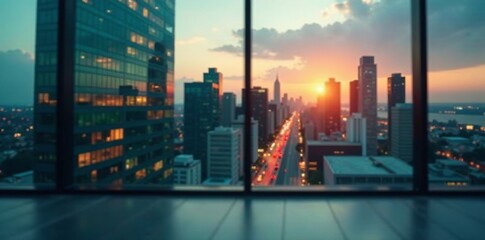 Stunning sunset view from a skyscraper showcasing vibrant city lights and skyline.