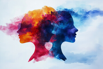 Illustration of two human heads. Bipolar disorder, psychology, mental health, split personality, mood disorder, and dual personality concept.