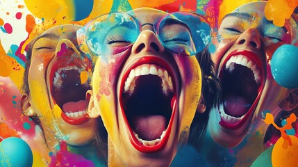 Obraz premium a vibrant and expressive scene of uncontrollable laughter. Show exaggerated facial expressions with wide, open mouths, squinting eyes, and joyful movement. Capture the energy of laughter with dynamic 