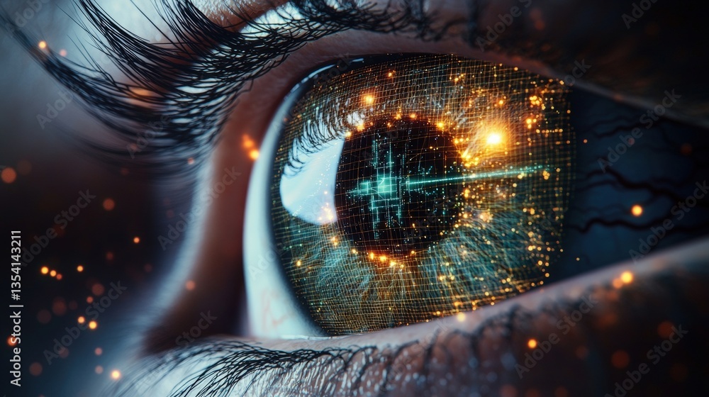 Poster close-up human eye with glowing digital grid sphere reflecting in iris, surrounded by dynamic energy