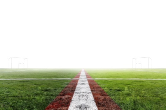 A bold red and white line marking on a green sports field, viewed up close.