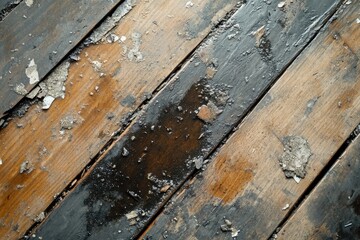 Obraz premium Wooden floor with stains and debris, angled shot, filling the frame. Perfect for renovation, decay, or abstract texture imagery.