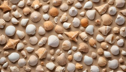 A high-angle, full shot captures a collection of seashells scattered across a sandy surface, bathed in warm, directional lighting