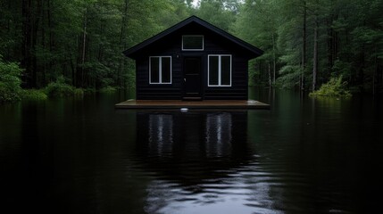 Obraz premium Dark cabin on a flooded platform in a forest