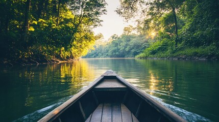A wooden canoe glides through a calm river surrounded by dense rainforest under a golden sunset. The scene captures the serenity of tropical nature and the beauty of quiet exploration. Generative AI