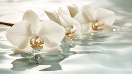 Delicate white orchids on water, serene, tranquil background