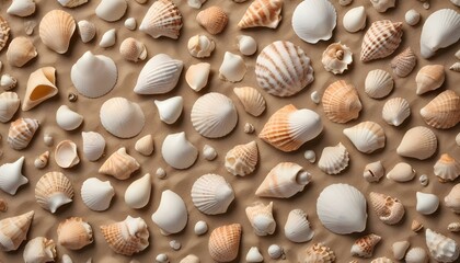 A high-angle, full shot captures a collection of seashells scattered across a sandy surface, bathed in warm, directional lighting