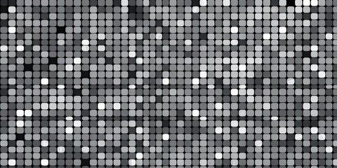 Fototapeta premium Grey square mosaic backdrop, silver disco ball pattern, metallic mirror foil texture Vintage abstract shining grayscale halftone wallpaper, pattern, night club