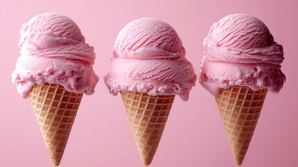Three Strawberry Ice Cream Cones on Pink Background