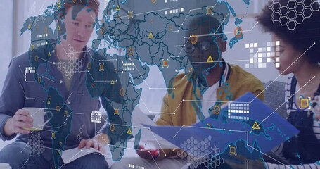 Diverse team discussing documents with global data processing animation overlay - Powered by Adobe