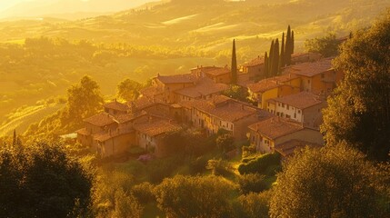 Naklejka premium A small Italian hilltop village with terracotta roofs and cypress trees surrounded by rolling hills at sunset. The picturesque scene captures beauty and charm of rural Italian region. Generative AI