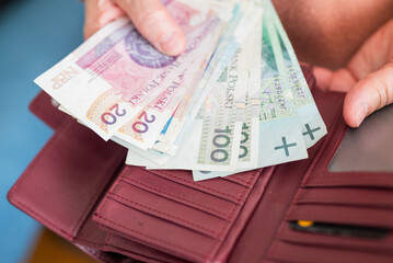 pensioner woman holding in her hands money bills zloty pension and pennies for payment