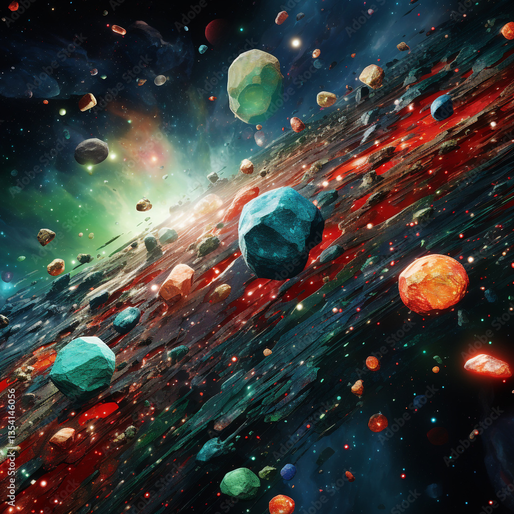 Wall mural a colorful depiction of an asteroid field with various sized rocks in a cosmic setting of space