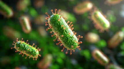 Naklejka premium Microscopic Close-up of Green Rod-Shaped Viruses with Orange Spike Proteins Against a Soft Blurred Green Background for Scientific Visualization Purposes