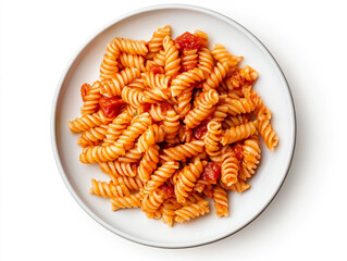 Fusilli pasta with tomato sauce on a plate, isolated on a white background.