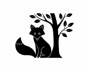 creative details Fox Sitting Under a Tree Icon vector illustration