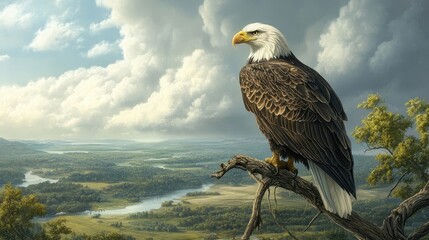 majestic bald eagle perched on branch overlooking scenic river v