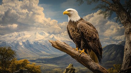 Fototapeta premium majestic bald eagle perched on branch overlooking mountain valle