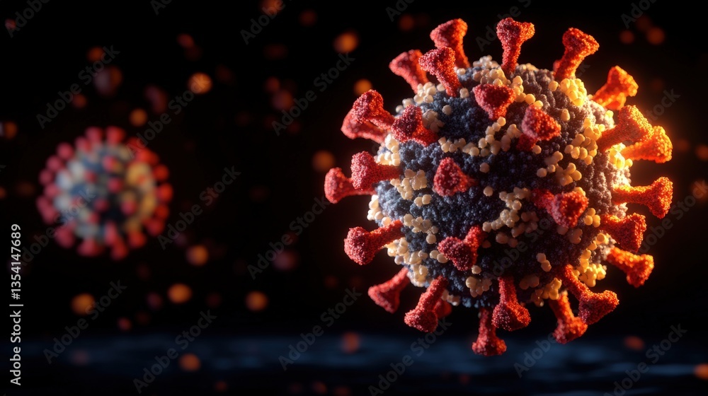Poster close-up digital rende of two coronavirus particles visualized in focus and blur showcasing microsco