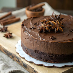 A rich chocolate cake topped with fragrant star anise, combining deep cocoa flavors with warm, aromatic spice for a delightful dessert experience.