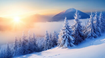Obraz premium winter sunrise in snowy mountains