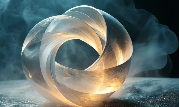 Abstract ice toroid with glowing core rests on mysterious fog shrouded dark surface