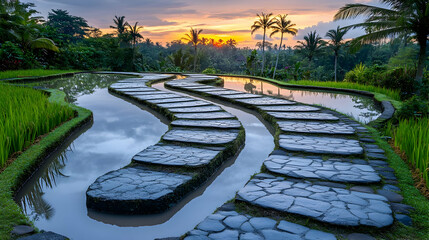 Obraz premium Sunrise Over Stone Pathways In Bali Rice Paddies
